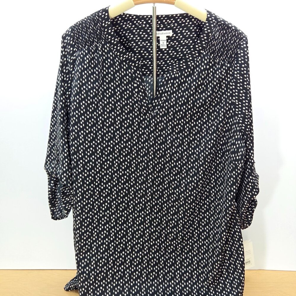 Croft & Barrow Black & White Dotted Print 3/4 Roll-tab Sleeved Blouse, 1X, NWT